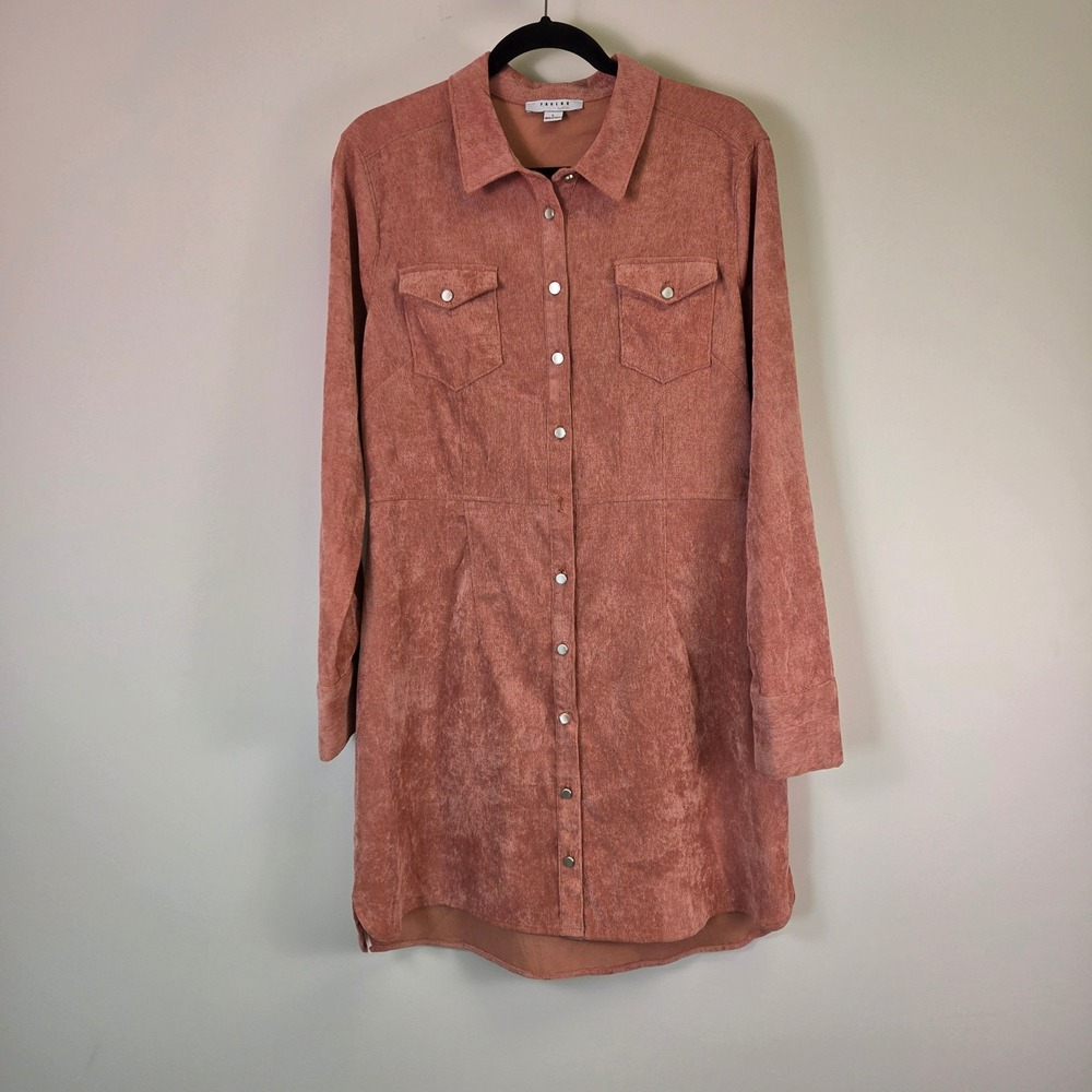 Favlux Fashion Corduroy Shirt Dress Rose Pink Long Sleeve Button Down Mini L